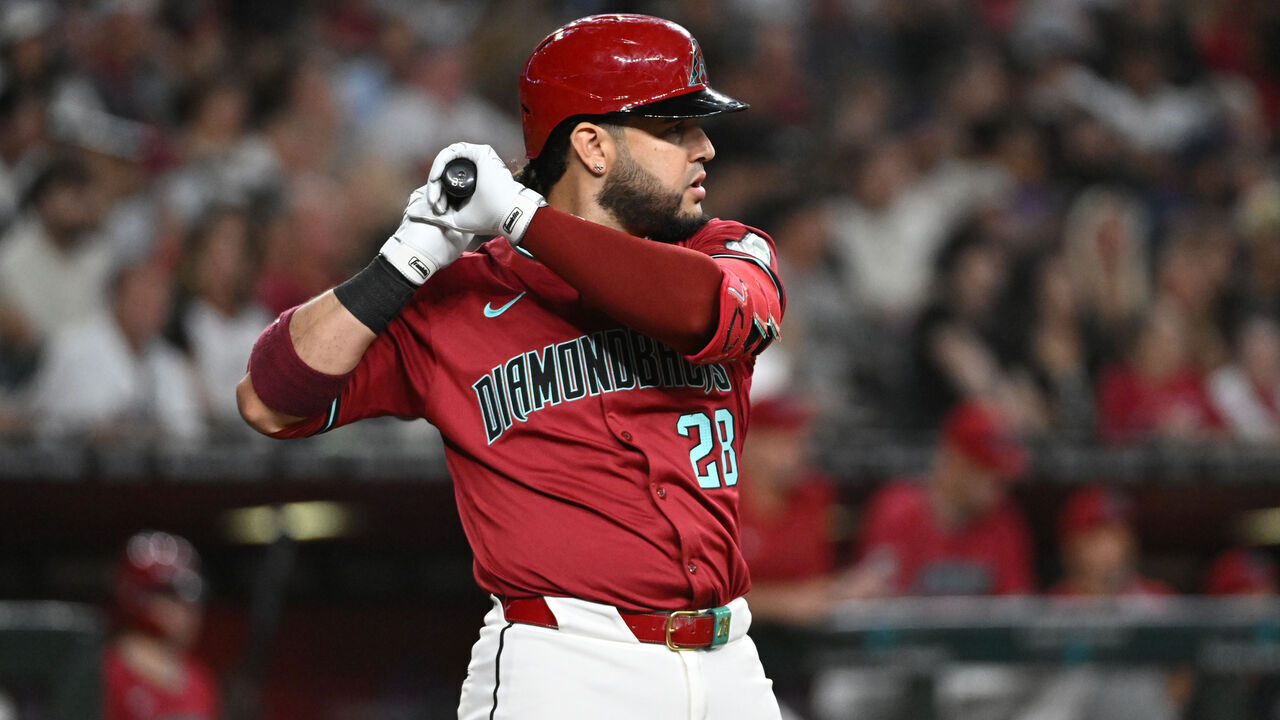 PHOENIX, ARIZONA - SEPTEMBER 28: Eugenio Suarez #28 of the Arizona Diamondbacks gets ready in the batters box against the San Diego Padres at Chase Field on September 28, 2024 in Phoenix, Arizona.