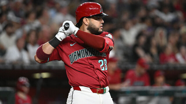 PHOENIX, ARIZONA - SEPTEMBER 28: Eugenio Suarez #28 of the Arizona Diamondbacks gets ready in the batters box against the San Diego Padres at Chase Field on September 28, 2024 in Phoenix, Arizona.