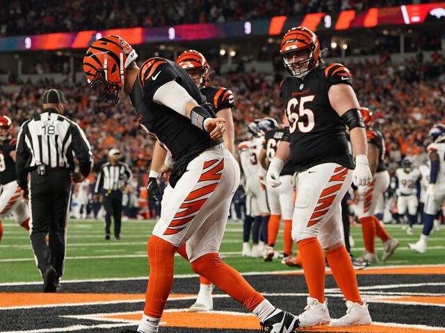 CINCINNATI, OHIO - DECEMBER 28: Joe Burrow #9 of the Cincinnati Bengals celebrates after scoring a touchdown during the fourth quarter against the Denver Broncos at Paycor Stadium on December 28, 2024 in Cincinnati, Ohio.