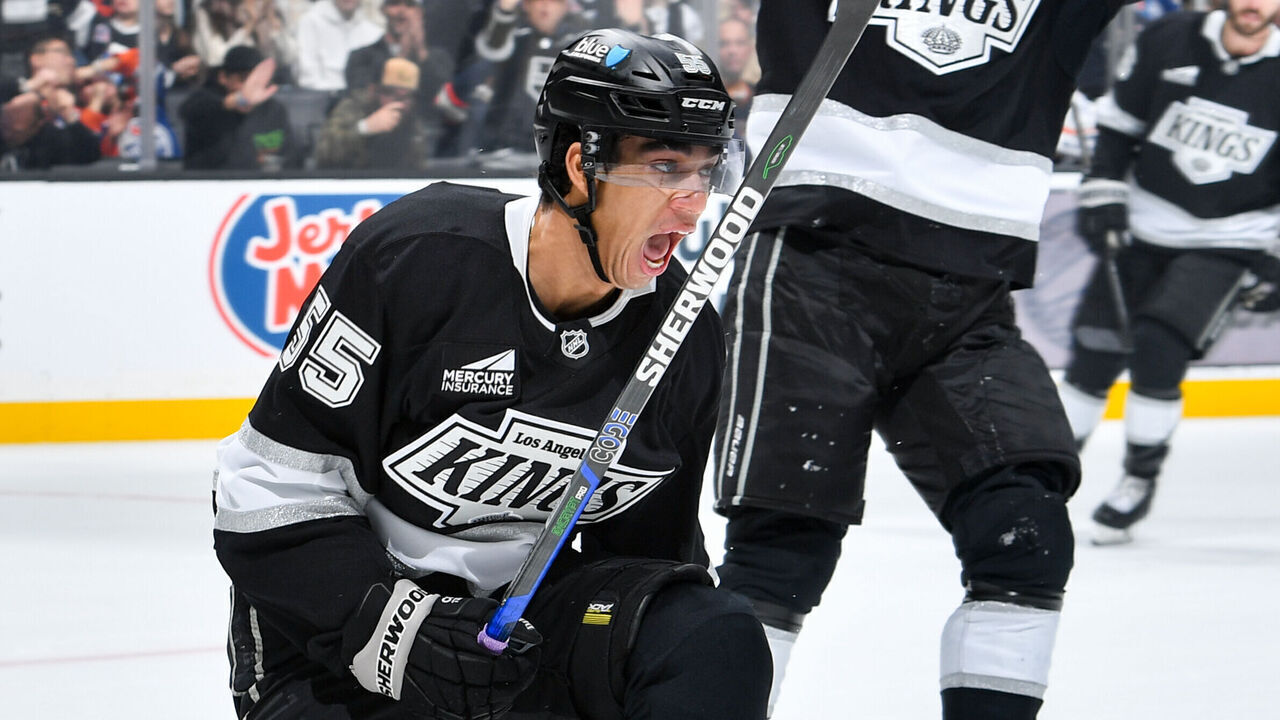 LOS ANGELES, CA - DECEMBER 28: Quinton Byfield #55 of the Los Angeles Kings celebrates his goal with teammates during the first period against the Edmonton Oilers at Crypto.com Arena on December 28, 2024 in Los Angeles, California.