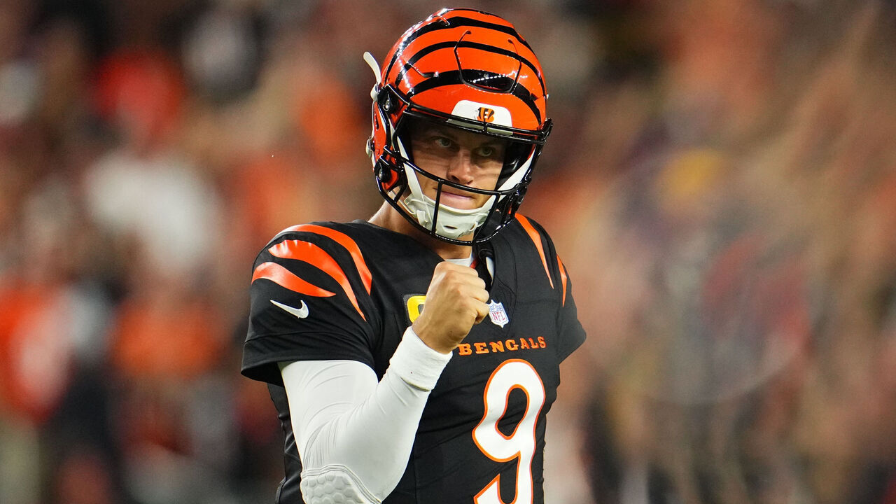 CINCINNATI, OH - SEPTEMBER 23: Joe Burrow #9 of the Cincinnati Bengals celebrates after scoring a touchdown against the Washington Commanders during the first half of an NFL football game at Paycor Stadium on September 23, 2024 in Cincinnati, Ohio.
