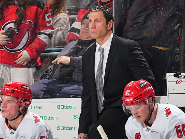 NEWARK, NJ - DECEMBER 27: Rod Brind'Amour head coach of the Carolina Hurricanes during the game against the New Jersey Devils at the Prudential Center on December 27, 2024 in Newark, New Jersey.