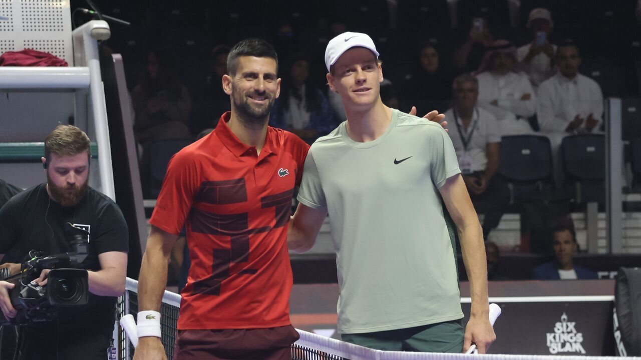 Novak Djokovic L of Serbia and Jannik Sinner of Italy pose for photos ahead of their semifinal match at the Six Kings Slam exhibition tennis tournament in Riyadh, Saudi Arabia, Oct. 17, 2024.