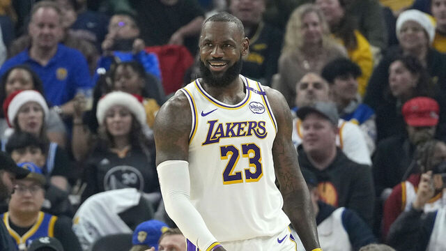 SAN FRANCISCO, CALIFORNIA - DECEMBER 25: LeBron James #23 of the Los Angeles Lakers looks on against the Golden State Warriors during the first half at Chase Center on December 25, 2024 in San Francisco, California.