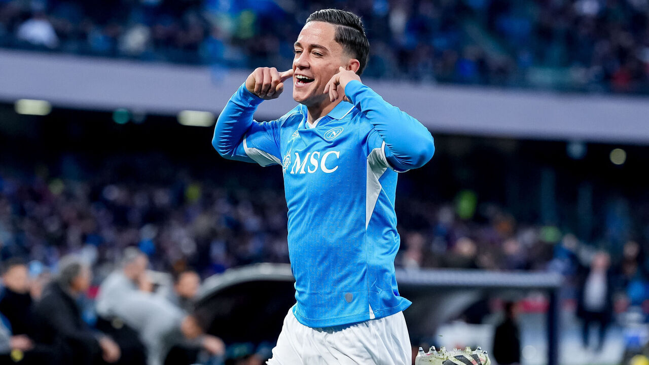 Giacomo Raspadori of SSC Napoli celebrates after scoring first goal during the serie Serie A Enilive match between SSC Napoli and Venezia FC at Stadio Diego Armando Maradona on December 29, 2024 in Naples, Italy