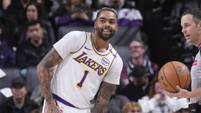 SACRAMENTO, CA - DECEMBER 21: D'Angelo Russell #1 of the Los Angeles Lakers looks on during the game against the Sacramento Kings on December 21, 2024 at Golden 1 Center in Sacramento, California. NOTE TO USER: User expressly acknowledges and agrees that, by downloading and or using this photograph, User is consenting to the terms and conditions of the Getty Images Agreement. Mandatory Copyright Notice: Copyright 2024 NBAE