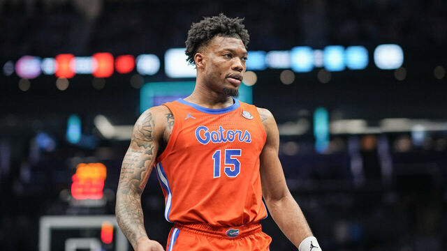 CHARLOTTE, NORTH CAROLINA - DECEMBER 17: Alijah Martin #15 of the Florida Gators looks on in the second half of his game against the North Carolina Tar Heels during the Jumpman Invitational at Spectrum Center on December 17, 2024 in Charlotte, North Carolina.
