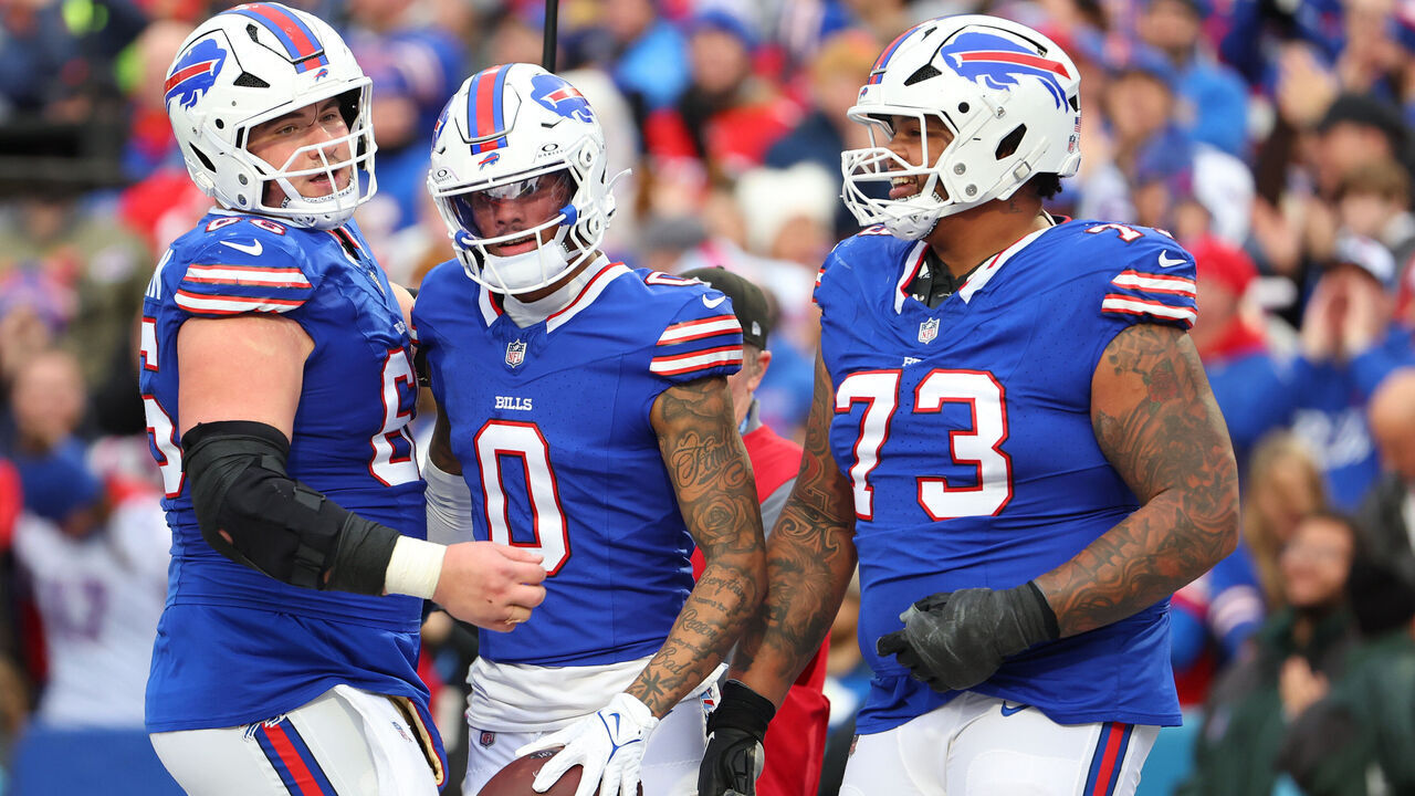 ORCHARD PARK, NEW YORK - DECEMBER 29: Keon Coleman #0 of the Buffalo Bills celebrates after catching a touchdown pass during the third quarter against the New York Jets at Highmark Stadium on December 29, 2024 in Orchard Park, New York.
