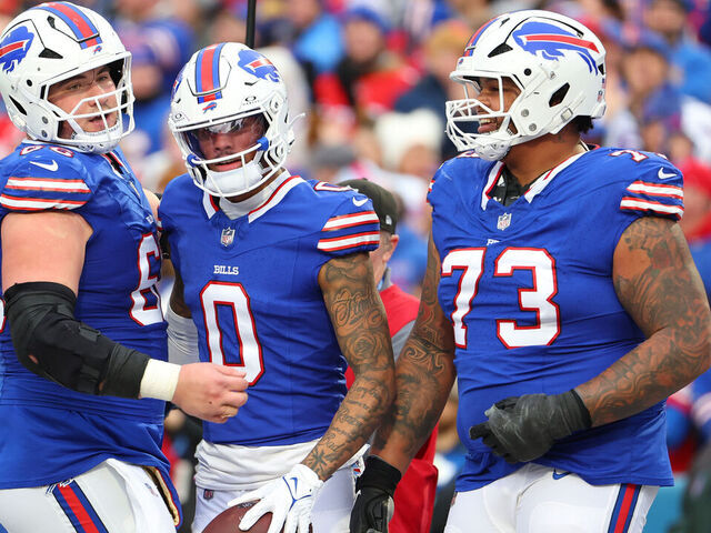 ORCHARD PARK, NEW YORK - DECEMBER 29: Keon Coleman #0 of the Buffalo Bills celebrates after catching a touchdown pass during the third quarter against the New York Jets at Highmark Stadium on December 29, 2024 in Orchard Park, New York.