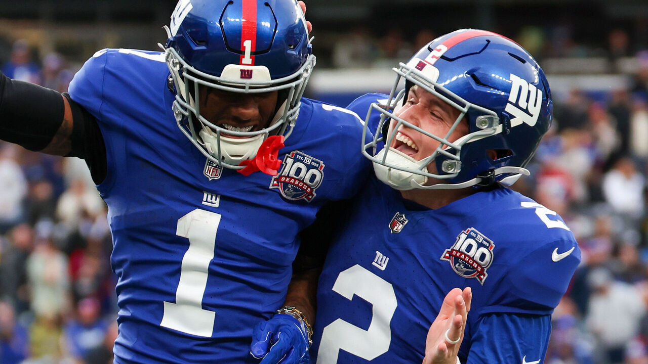 EAST RUTHERFORD, NEW JERSEY - DECEMBER 29: Malik Nabers #1 and Drew Lock #2 of the New York Giants celebrate after a touchdown during the fourth quarter at MetLife Stadium on December 29, 2024 in East Rutherford, New Jersey.