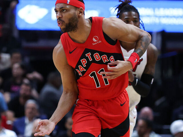 MIAMI, FLORIDA - APRIL 12: Bruce Brown #11 of the Toronto Raptors reacts after making a basket against the Miami Heat during the second quarter of the game at Kaseya Center on April 12, 2024 in Miami, Florida.
