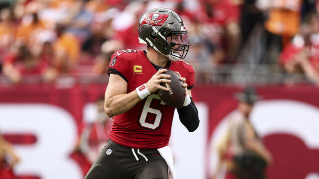 TAMPA, FLORIDA - DECEMBER 29: Baker Mayfield #6 of the Tampa Bay Buccaneers prepares to throw during the first half of an NFL football game against the Carolina Panthers at Raymond James Stadium on December 29, 2024 in Tampa, Florida.