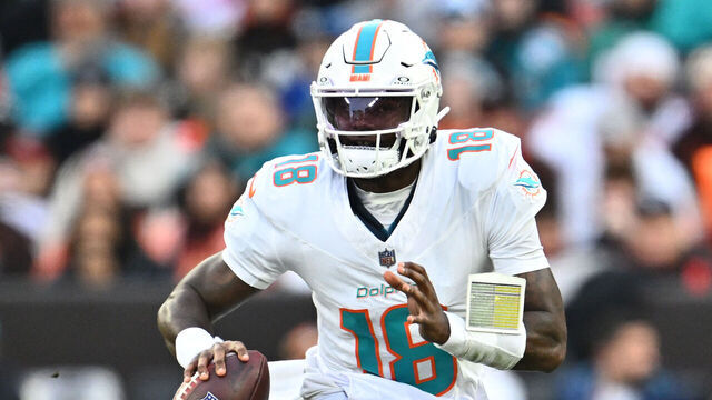 CLEVELAND, OHIO - DECEMBER 29: Tyler Huntley #18 of the Miami Dolphins scrambles during the first quarter against the Cleveland Browns at Huntington Bank Field on December 29, 2024 in Cleveland, Ohio.