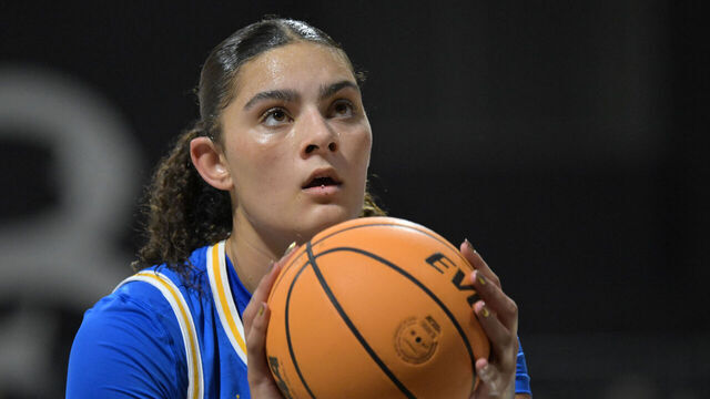 LONG BEACH, CALIFORNIA - DECEMBER 14: Lauren Betts #51 of the UCLA Bruins shoots a free throw against the Long Beach State 49ers at Walter Pyramid on December 14, 2024 in Long Beach, California.