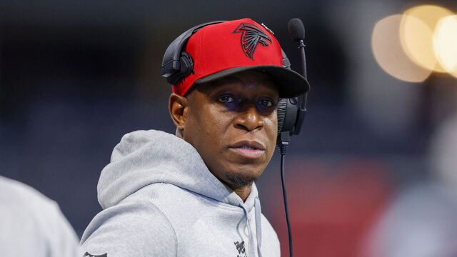 ATLANTA, GEORGIA - DECEMBER 22: Head coach Raheem Morris looks on during the second quarter against the New York Giants at Mercedes-Benz Stadium on December 22, 2024 in Atlanta, Georgia.