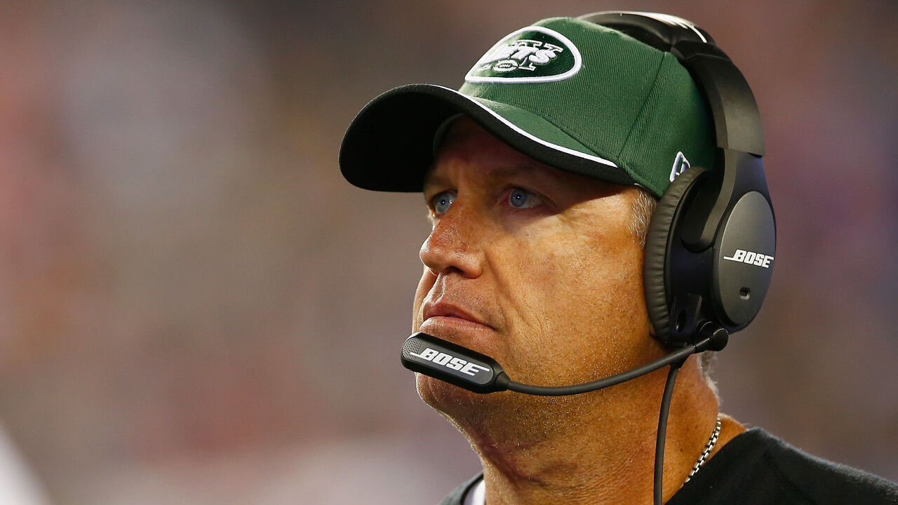 FOXBORO, MA - OCTOBER 16: Head coach Rex Ryan of the New York Jets looks on during the second quarter against the New England Patriots at Gillette Stadium on October 16, 2014 in Foxboro, Massachusetts.