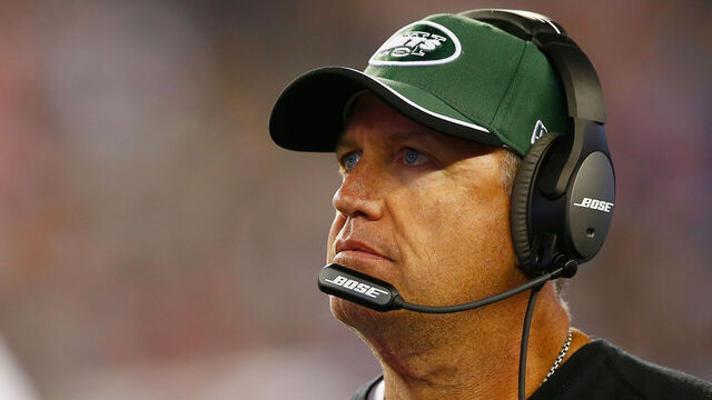 FOXBORO, MA - OCTOBER 16: Head coach Rex Ryan of the New York Jets looks on during the second quarter against the New England Patriots at Gillette Stadium on October 16, 2014 in Foxboro, Massachusetts.