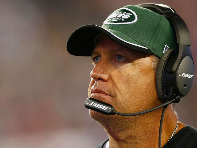 FOXBORO, MA - OCTOBER 16: Head coach Rex Ryan of the New York Jets looks on during the second quarter against the New England Patriots at Gillette Stadium on October 16, 2014 in Foxboro, Massachusetts.