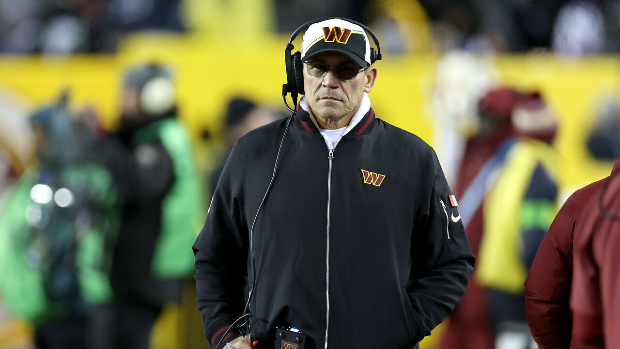 LANDOVER, MARYLAND - JANUARY 07: Washington Commanders head coach Ron Rivera looks on during the fourth quarter against the Dallas Cowboys at FedExField on January 07, 2024 in Landover, Maryland.