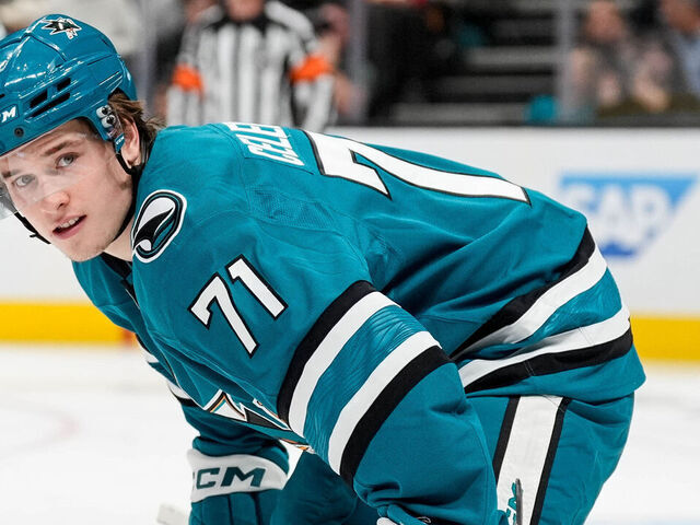 SAN JOSE, CALIFORNIA - DECEMBER 28: Macklin Celebrini #71 of the San Jose Sharks getting ready for a face off in the first period against the Calgary Flames at SAP Center on December 28, 2024 in San Jose, California.