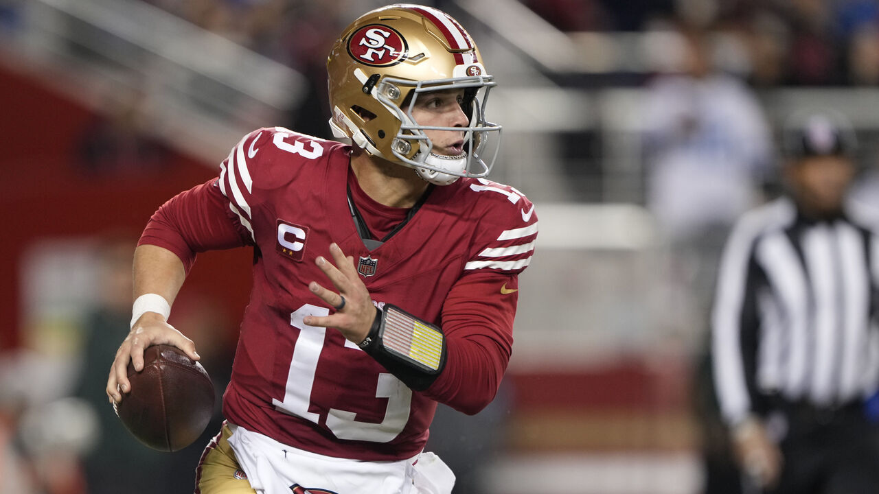 SANTA CLARA, CALIFORNIA - DECEMBER 30: Brock Purdy #13 of the San Francisco 49ers looks to pass the ball against the Detroit Lions during the second quarter at Levi's Stadium on December 30, 2024 in Santa Clara, California.