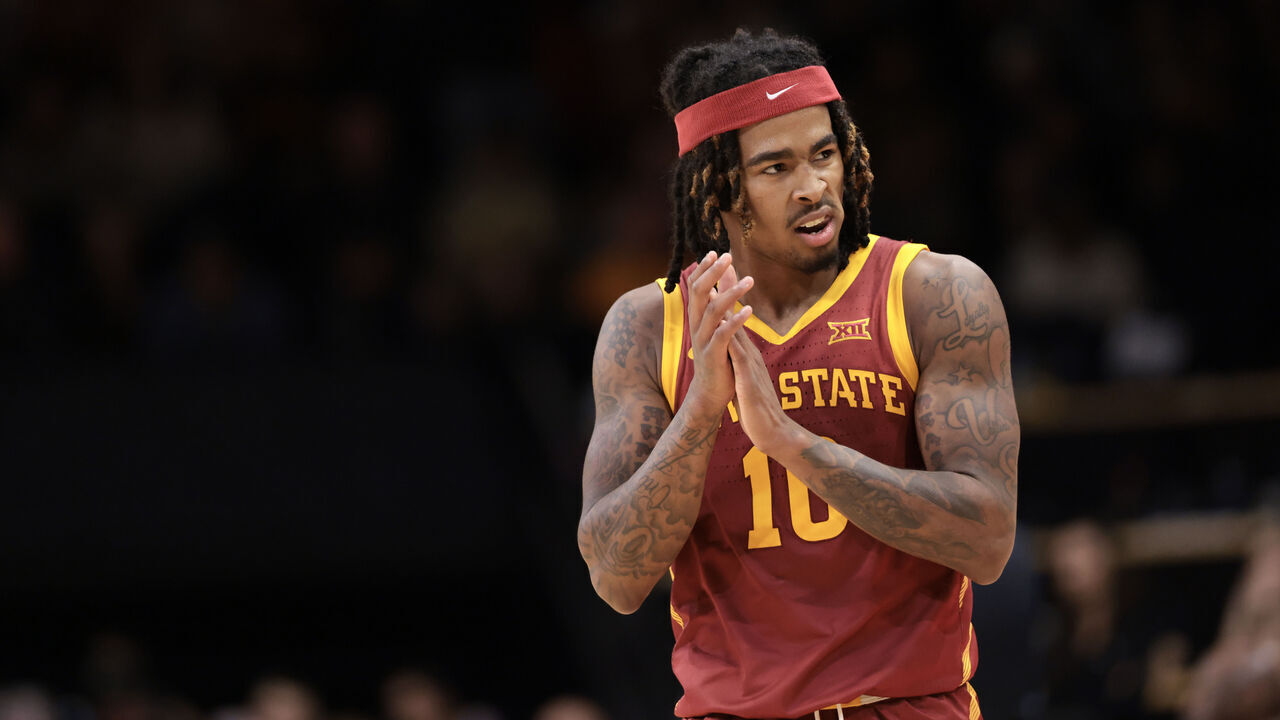 BOULDER, COLORADO - DECEMBER 30: Keshon Gilbert #10 of the Iowa State Cyclones reacts during the second half against the Colorado Buffaloes at the CU Events Center on December 30, 2024 in Boulder, Colorado.