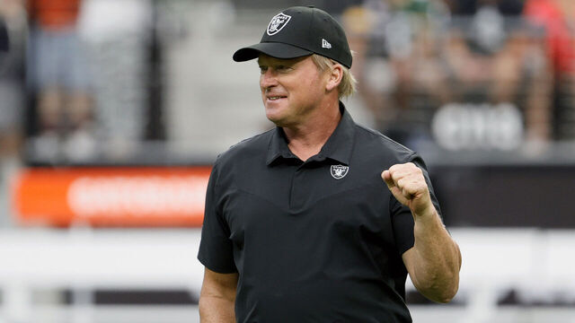 LAS VEGAS, NEVADA - OCTOBER 10: Head coach Jon Gruden of the Las Vegas Raiders walks on the field before a game against the Chicago Bears at Allegiant Stadium on October 10, 2021 in Las Vegas, Nevada. The Bears defeated the Raiders 20-9.