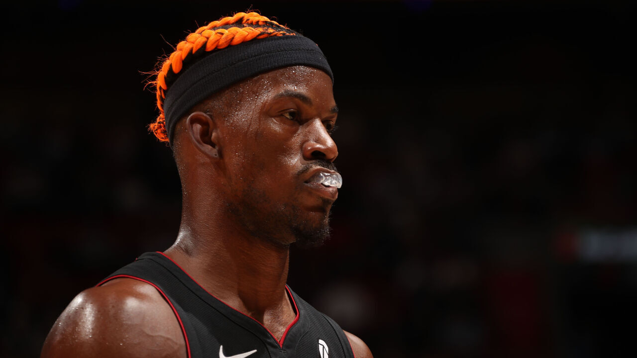 MIAMI, FL - DECEMBER 20: Jimmy Butler #22 of the Miami Heat looks on during the game against the Oklahoma City Thunder on December 20, 2024 at Kaseya Center in Miami, Florida. Mandatory Copyright Notice: Copyright 2024 NBAE