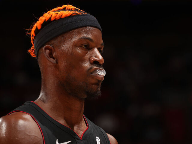 MIAMI, FL - DECEMBER 20: Jimmy Butler #22 of the Miami Heat looks on during the game against the Oklahoma City Thunder on December 20, 2024 at Kaseya Center in Miami, Florida. Mandatory Copyright Notice: Copyright 2024 NBAE