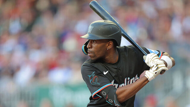 ATLANTA, GA - AUGUST 03: Miami Marlins center fielder Nick Gordon #1 bats during the Saturday evening MLB game between the Atlanta Braves and the Miami Marlins on August 3, 2024 at Truist PArk in Atlanta, Georgia.