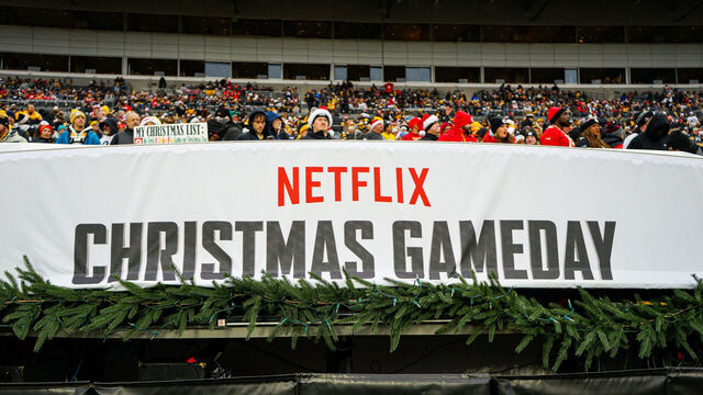 PITTSBURGH, PA - DECEMBER 25: A detailed view of a Netflix Christmas Gameday sign during the regular season NFL football game between the Kansas City Chiefs and Pittsburgh Steelers on December 25, 2024 at Acrisure Stadium in Pittsburgh, PA.