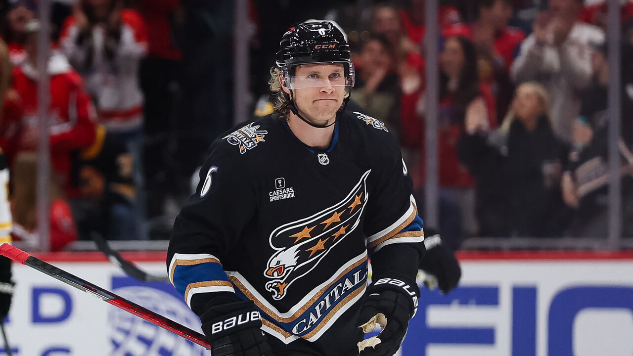 WASHINGTON, DC - DECEMBER 31: Jakob Chychrun #6 of the Washington Capitals looks on after scoring a goal against the Boston Bruins during the first period of the game at Capital One Arena on December 31, 2024 in Washington, DC.