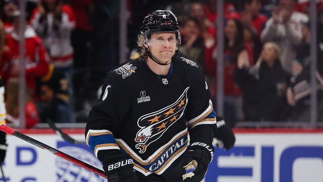 WASHINGTON, DC - DECEMBER 31: Jakob Chychrun #6 of the Washington Capitals looks on after scoring a goal against the Boston Bruins during the first period of the game at Capital One Arena on December 31, 2024 in Washington, DC.