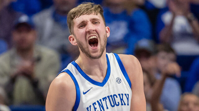 LEXINGTON, KENTUCKY - DECEMBER 31: Andrew Carr #7 of the Kentucky Wildcats reacts during the first half against the Brown Bears at Rupp Arena on December 31, 2024 in Lexington, Kentucky.