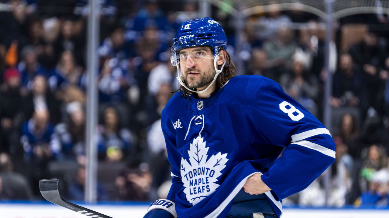 TORONTO, ON - DECEMBER 21: Chris Tanev #8 of the Toronto Maple Leafs looks on against the New York Islanders at the Scotiabank Arena on December 21, 2024 in Toronto, Ontario, Canada.