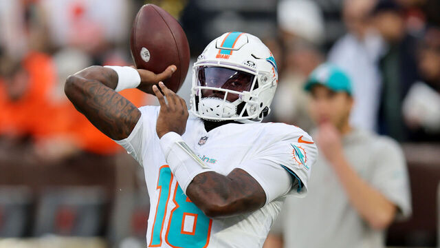 CLEVELAND, OH - DECEMBER 29: Miami Dolphins quarterback Tyler Huntley (18) warms up prior to the National Football League game between the Miami Dolphins and Cleveland Browns on December 29, 2024, at Huntington Bank Field in Cleveland, OH.