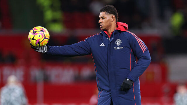 MANCHESTER, ENGLAND - DECEMBER 30: Marcus Rashford of Manchester United warms up ahead of the Premier League match between Manchester United FC and Newcastle United FC at Old Trafford on December 30, 2024 in Manchester, England.