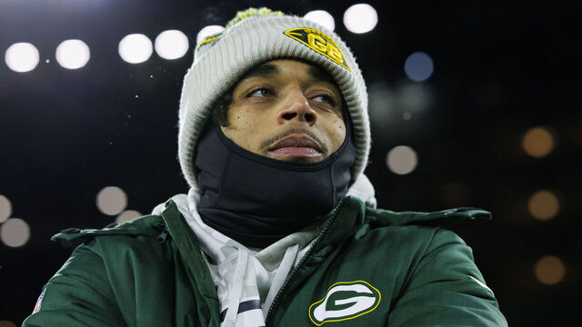 GREEN BAY, WISCONSIN - NOVEMBER 28: Cornerback Jaire Alexander #23 of the Green Bay Packers stands on the field prior to an NFL game against the Miami Dolphins at Lambeau Field on November 28, 2024 in Green Bay, Wisconsin.