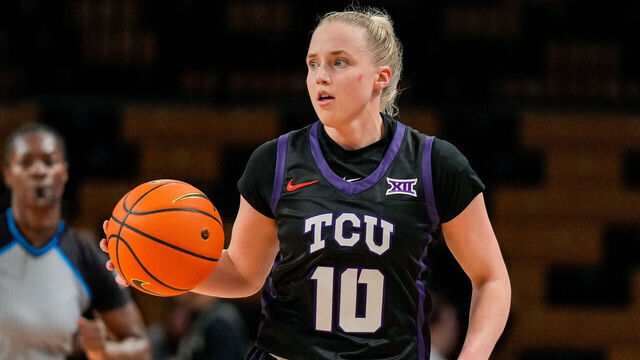 ORLANDO, FL - DECEMBER 21: TCU Horned Frogs guard Hailey Van Lith (10) dribbles ahead during a game between TCU Horned Frogs and the UCF Knights on December 21, 2024 at Addition Financial Arena in Orlando, Fl