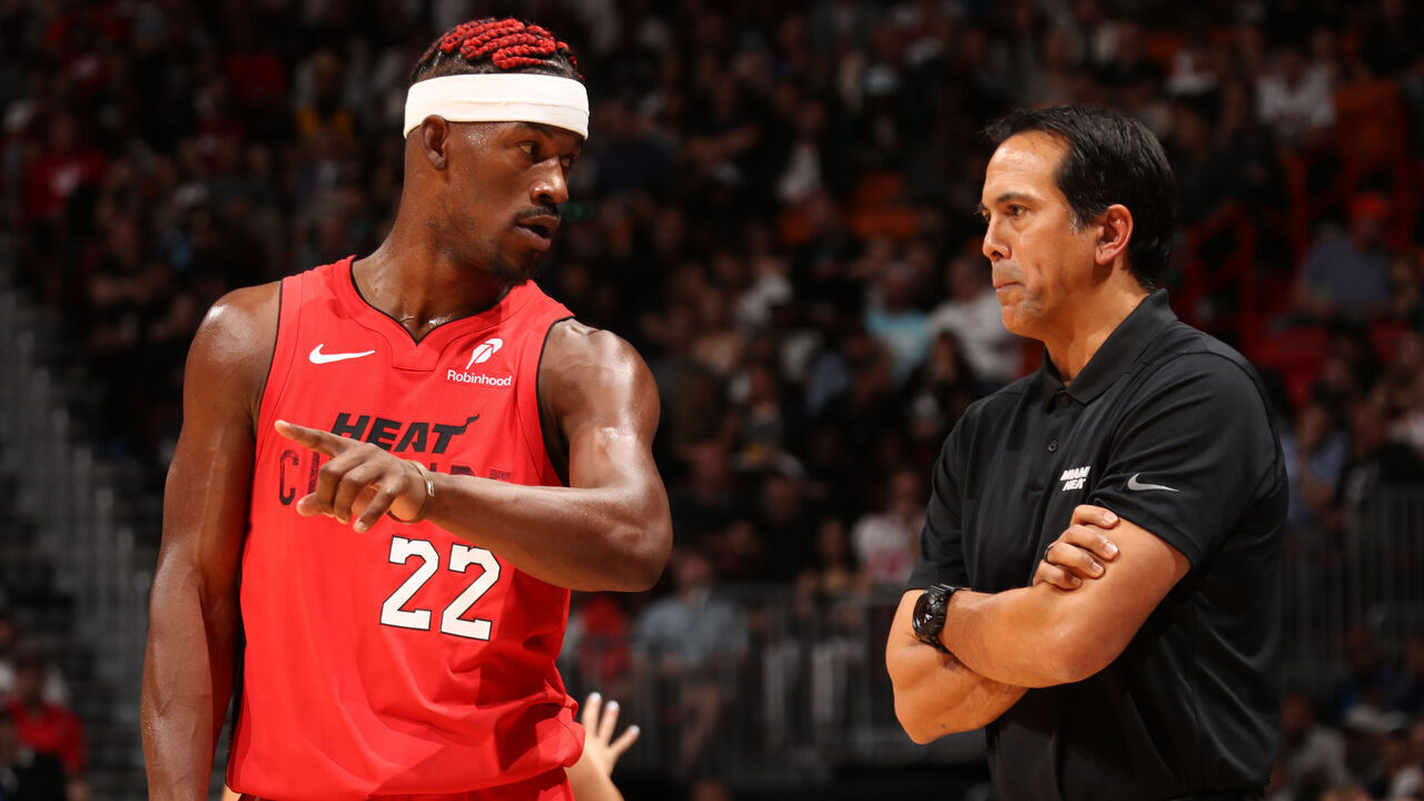 MIAMI, FL - NOVEMBER 24: Jimmy Butler #22 and Head Coach Erik Spoelstra of the Miami Heat talk during the game against the Dallas Mavericks on November 24, 2024 at Kaseya Center in Miami, Florida. Mandatory Copyright Notice: Copyright 2024 NBAE