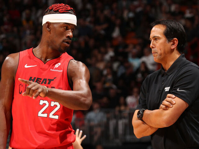 MIAMI, FL - NOVEMBER 24: Jimmy Butler #22 and Head Coach Erik Spoelstra of the Miami Heat talk during the game against the Dallas Mavericks on November 24, 2024 at Kaseya Center in Miami, Florida. Mandatory Copyright Notice: Copyright 2024 NBAE