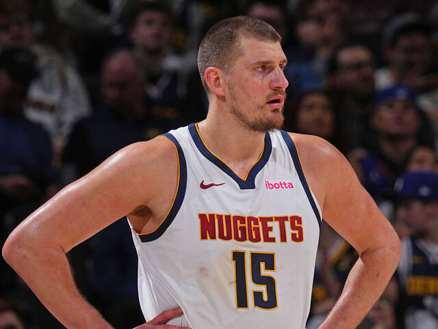 DENVER, CO - JANUARY 1: Nikola Jokic #15 of the Denver Nuggets looks on during the game against the Atlanta Hawks on January 1, 2025 at Ball Arena in Denver, Colorado. NOTE TO USER: User expressly acknowledges and agrees that, by downloading and/or using this Photograph, user is consenting to the terms and conditions of the Getty Images License Agreement. Mandatory Copyright Notice: Copyright 2025 NBAE