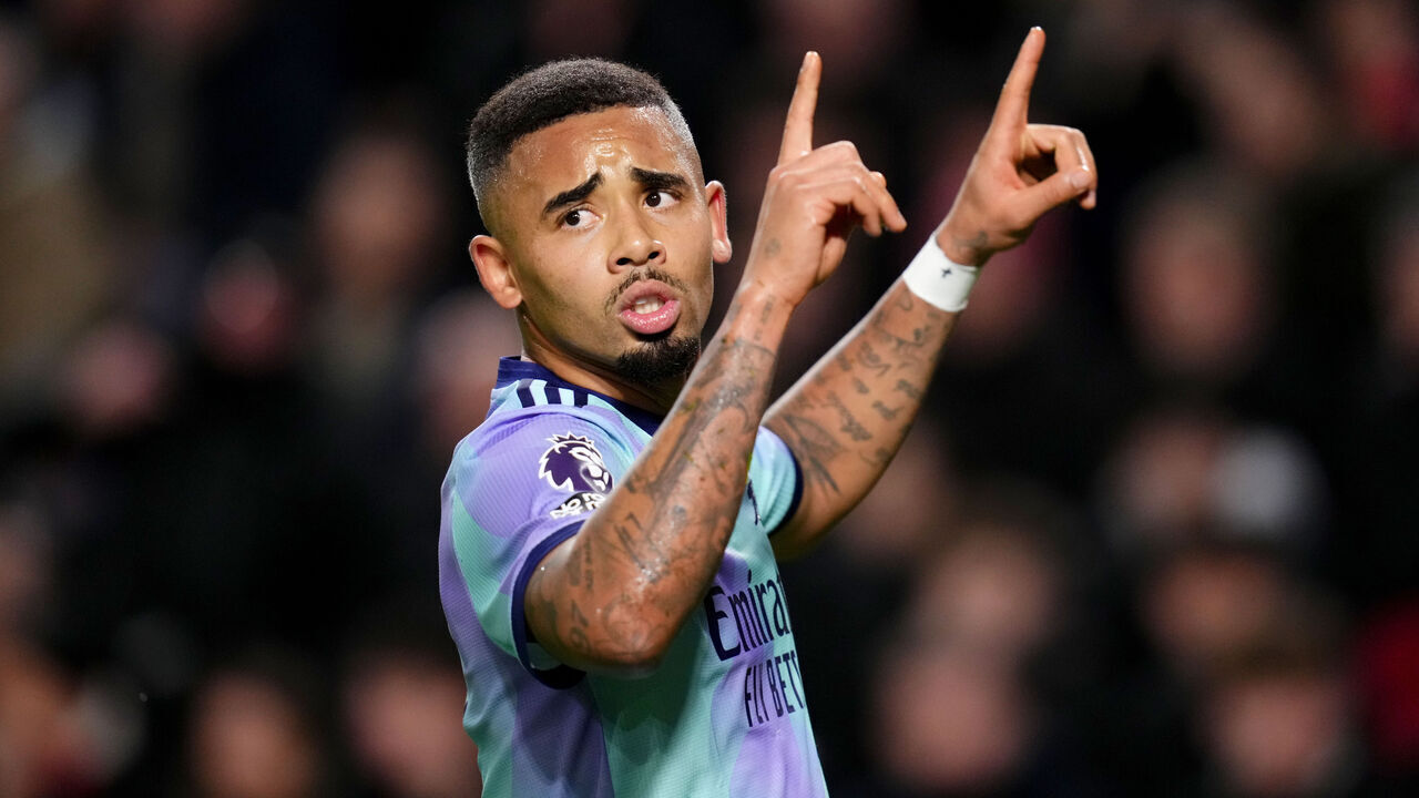 Arsenal's Gabriel Jesus celebrates scoring their side's first goal of the game during the Premier League match at the Gtech Community Stadium, London. Picture date: Wednesday January 1, 2025.