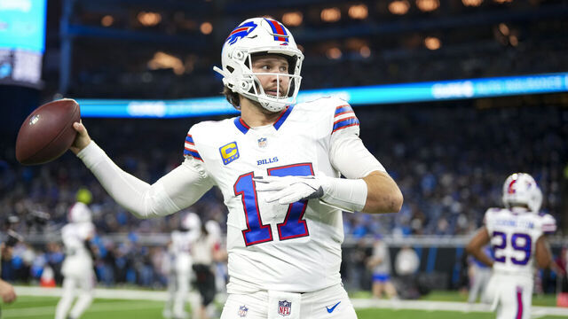 DETROIT, MICHIGAN - DECEMBER 15: Quarterback Josh Allen #17 of the Buffalo Bills warms up prior to an NFL football game against the Detroit Lions, at Ford Field on December 15, 2024 in Detroit, Michigan.
