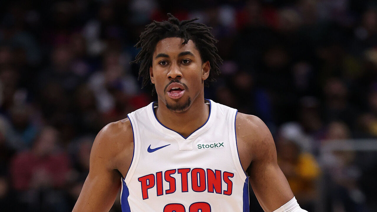 DETROIT, MICHIGAN - JANUARY 01: Jaden Ivey #23 of the Detroit Pistons brings the ball up the court in the second half while playing the Orlando Magic at Little Caesars Arena on January 01, 2025 in Detroit, Michigan. Detroit won the game 105-96. NOTE TO USER: User expressly acknowledges and agrees that, by downloading and or using this photograph, User is consenting to the terms and conditions of the Getty Images License.