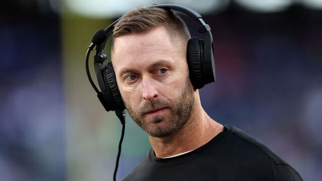 EAST RUTHERFORD, NEW JERSEY - NOVEMBER 03: Offensive coordinator Kliff Kingsbury of the Washington Commanders looks on against the New York Giants at MetLife Stadium on November 03, 2024 in East Rutherford, New Jersey.