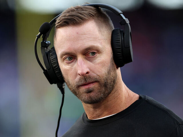 EAST RUTHERFORD, NEW JERSEY - NOVEMBER 03: Offensive coordinator Kliff Kingsbury of the Washington Commanders looks on against the New York Giants at MetLife Stadium on November 03, 2024 in East Rutherford, New Jersey.