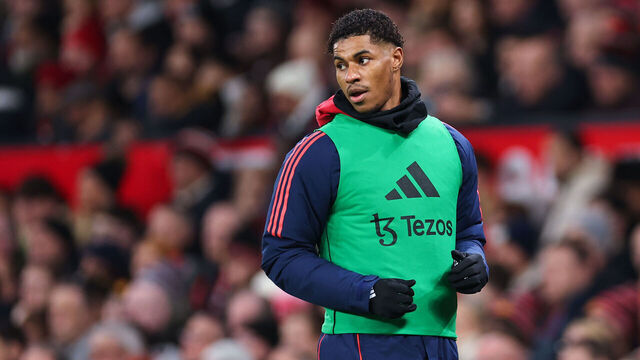 MANCHESTER, ENGLAND - DECEMBER 30: Marcus Rashford of Manchester United warms up during the Premier League match between Manchester United FC and Newcastle United FC at Old Trafford on December 30, 2024 in Manchester, England.