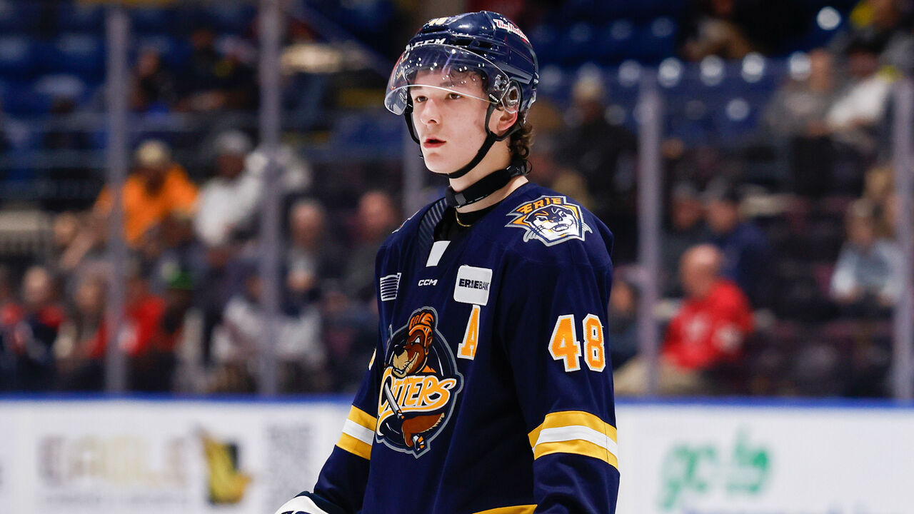 SAGINAW, MI - NOVEMBER 15: Matthew Schaefer #48 of Erie looks into the crowd during a game between Erie Otters and Saginaw Spirit at Dow Event Center on November 15, 2024 in Saginaw, Michigan.