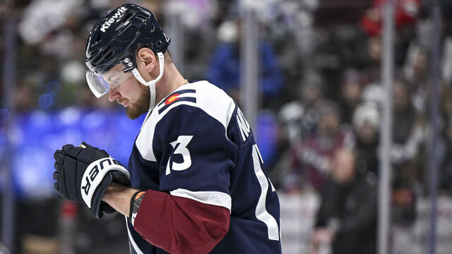 DENVER, CO - DECEMBER 31: Valeri Nichushkin (13) of the Colorado Avalanche reacts to an unsuccessful shot on goal during the first period against the Winnipeg Jets at Ball Arena in Denver, Colorado on Tuesday, December 31, 2024.